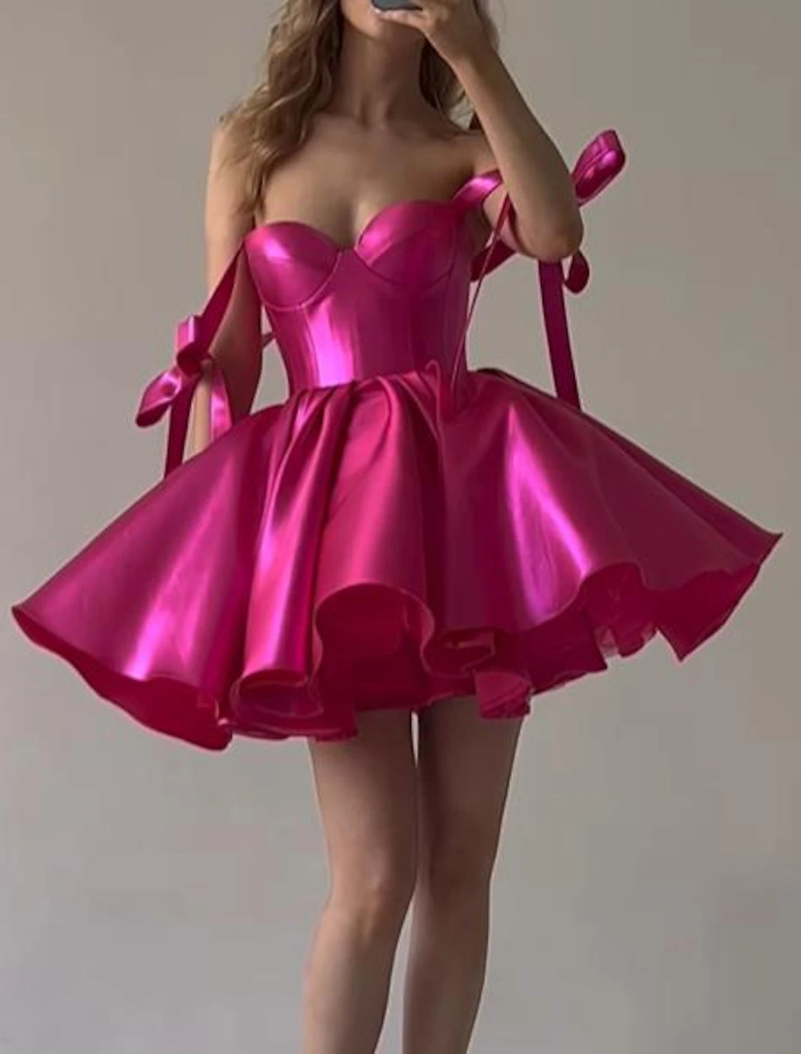 Abiti da ballo a trapezio, corsetti, abiti da festa, laurea, corti/mini, senza maniche, spalline sottili, abito rosa in raso con fiocco/i